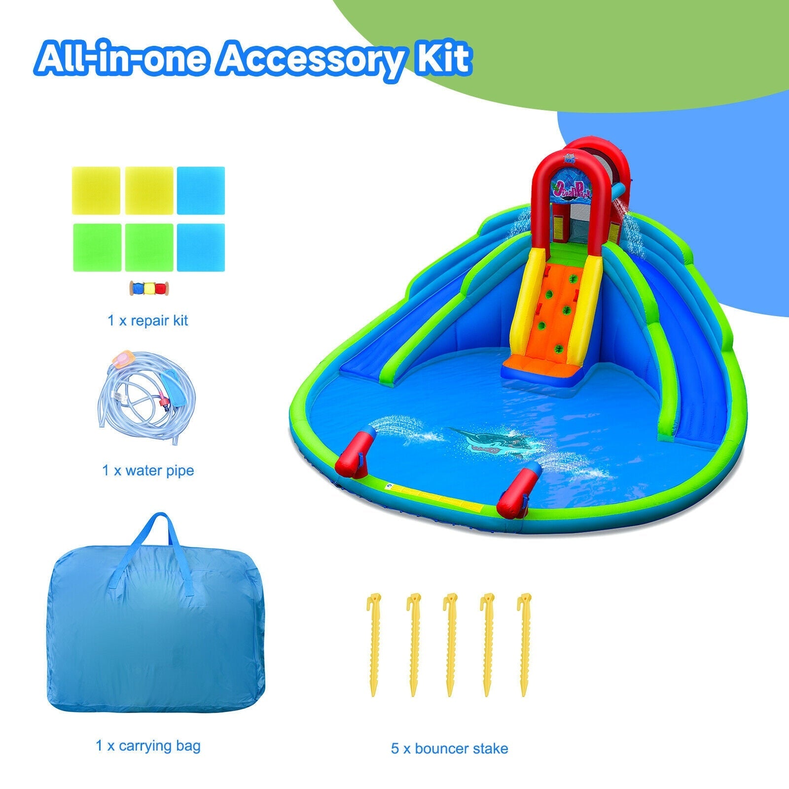 Inflatable water slide pool with repair kit, water pipe, carrying bag, and bouncer stakes.