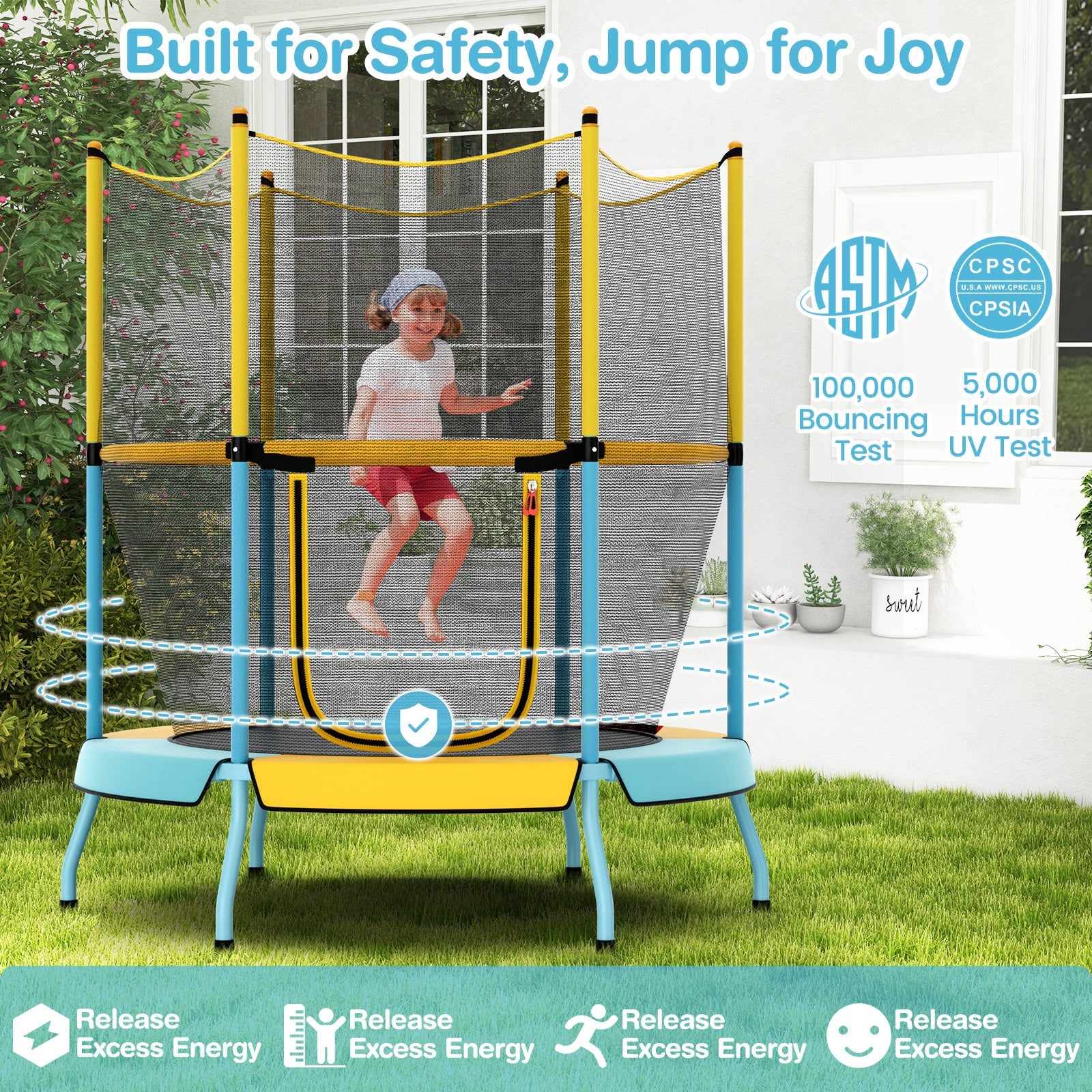 48 Inch Toddler Trampoline with Safety Enclosure Net-Yellow