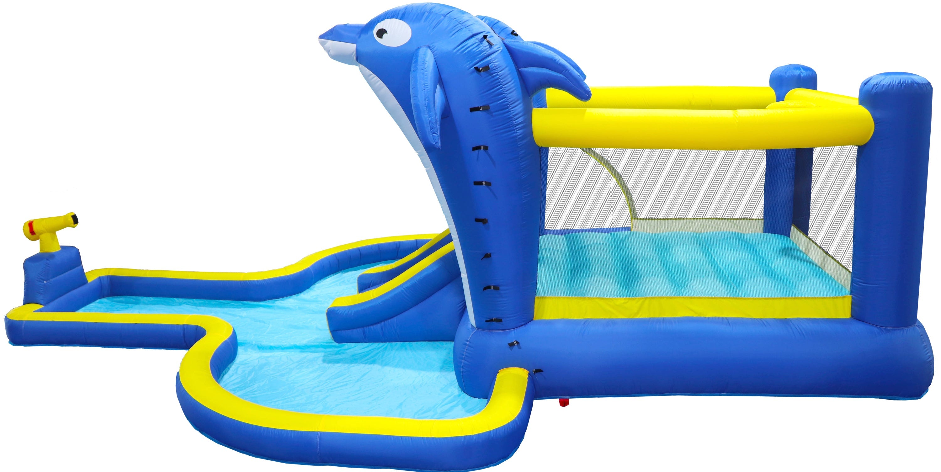 8 in1 Inflatable slide water park trampoline bouncing house outdoor garden with Dolphin sprinkler & Target games & Water gun & Basketball