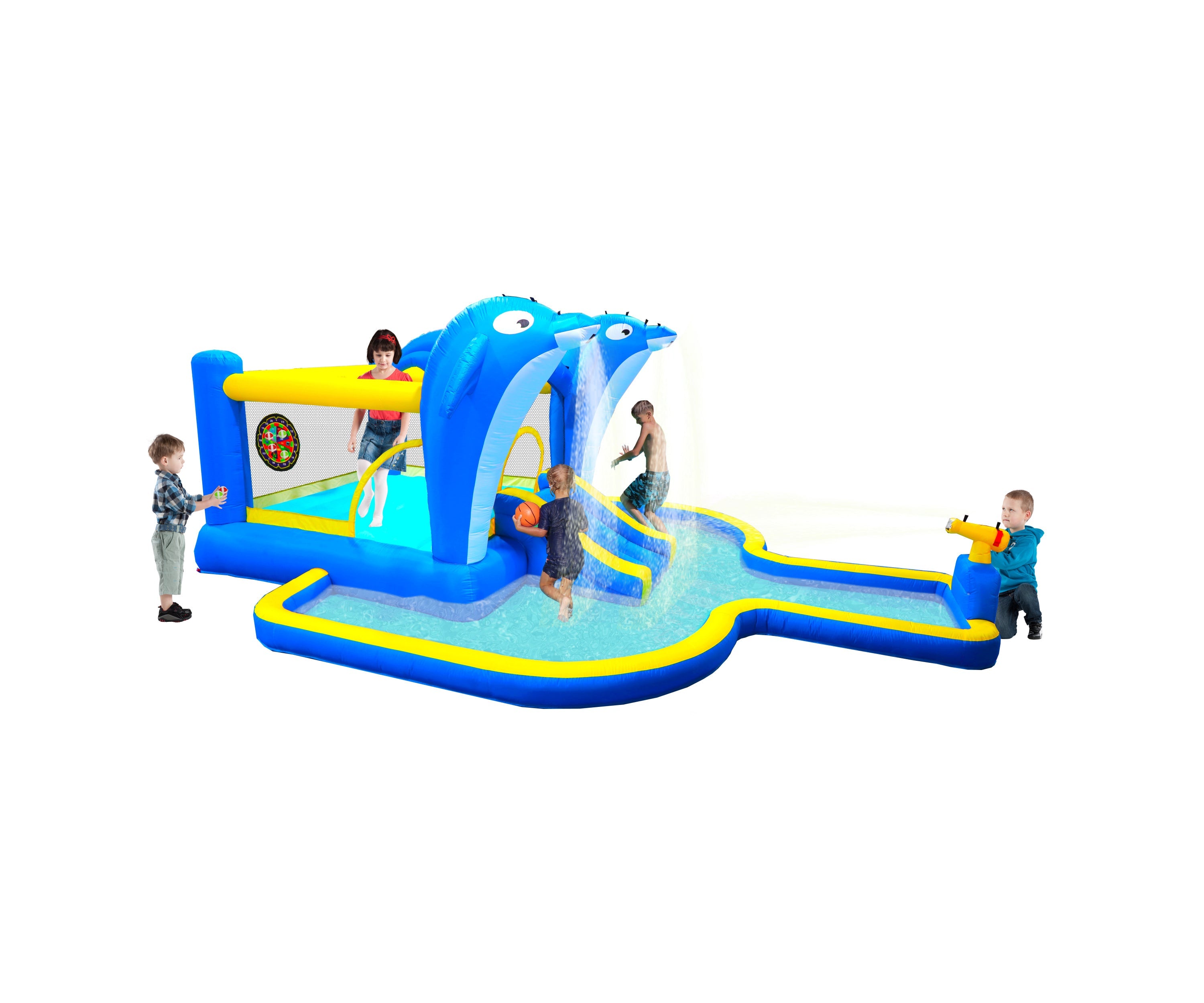 8 in1 Inflatable slide water park trampoline bouncing house outdoor garden with Dolphin sprinkler & Target games & Water gun & Basketball
