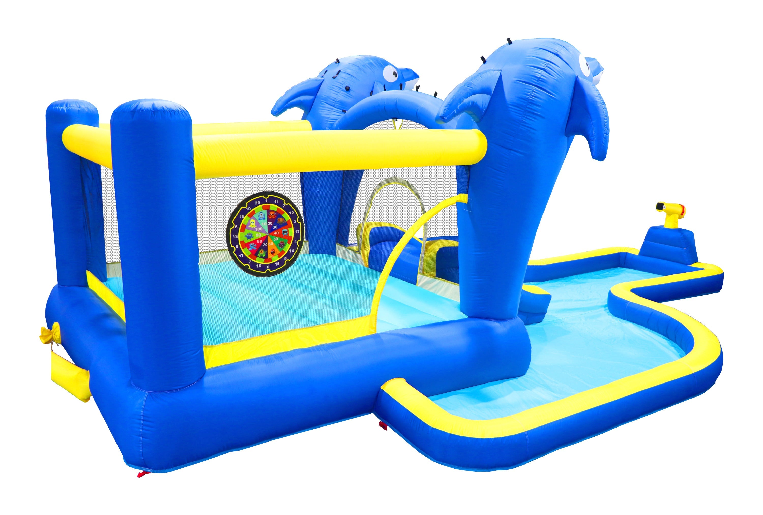8 in1 Inflatable slide water park trampoline bouncing house outdoor garden with Dolphin sprinkler & Target games & Water gun & Basketball