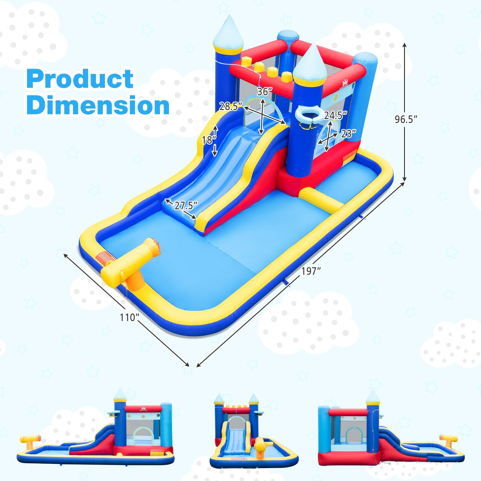 Inflatable water slide bounce house with blower, castle design, size dimensions shown