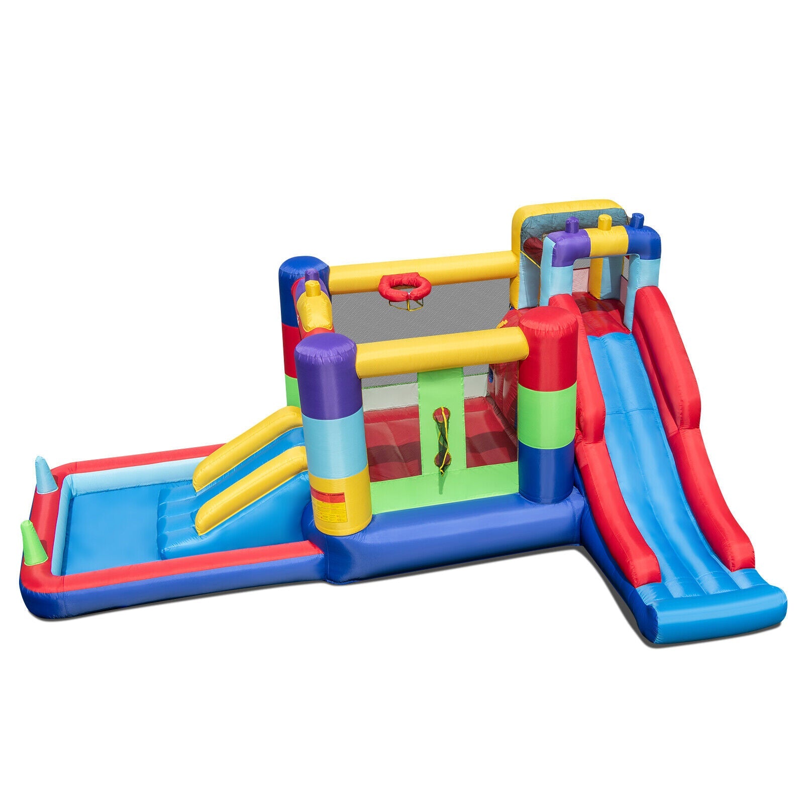 Colorful inflatable bounce house with slide, pool, and basketball hoop for kids