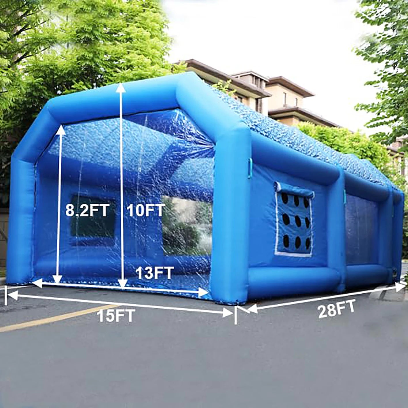 Inflatable Paint Booth Blue 28x15x13FT – Portable Spray Booth Tent with 950W+250W Blowers & Air Filter