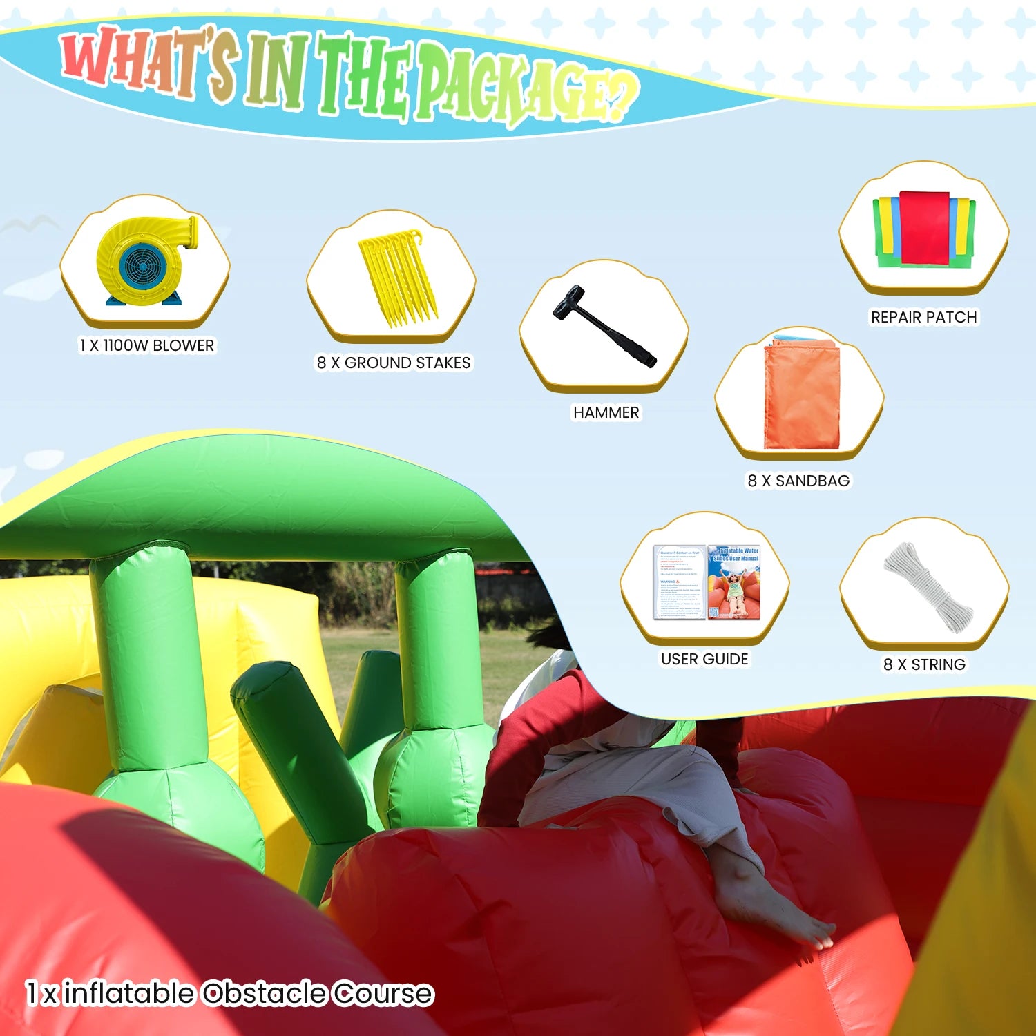 Inflatable Bounce House with 1100W Blower – Colorful Outdoor Play Castle Featuring Dual Crawl Tunnels, Large Slide, Climbing Obs
