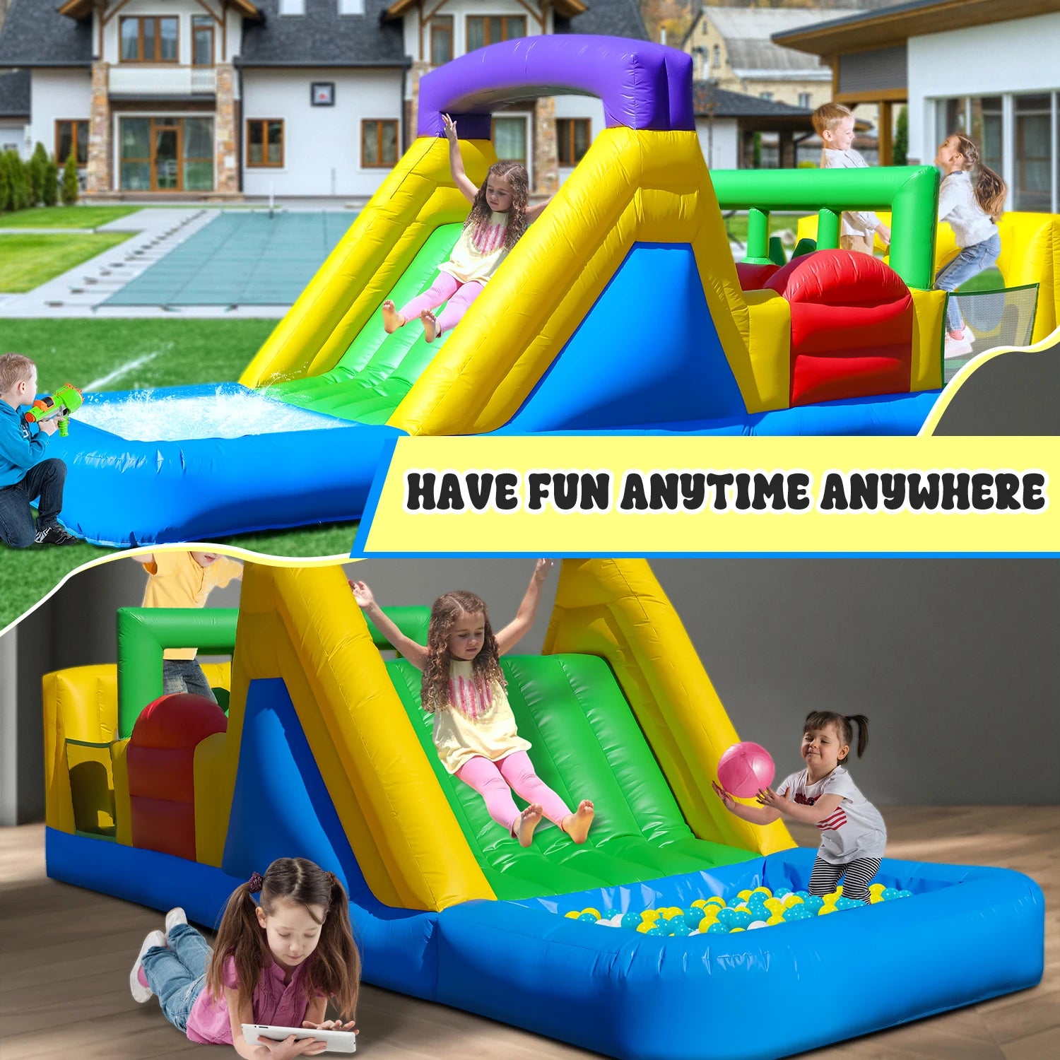 Inflatable Bounce House with 1100W Blower – Colorful Outdoor Play Castle Featuring Dual Crawl Tunnels, Large Slide, Climbing Obs