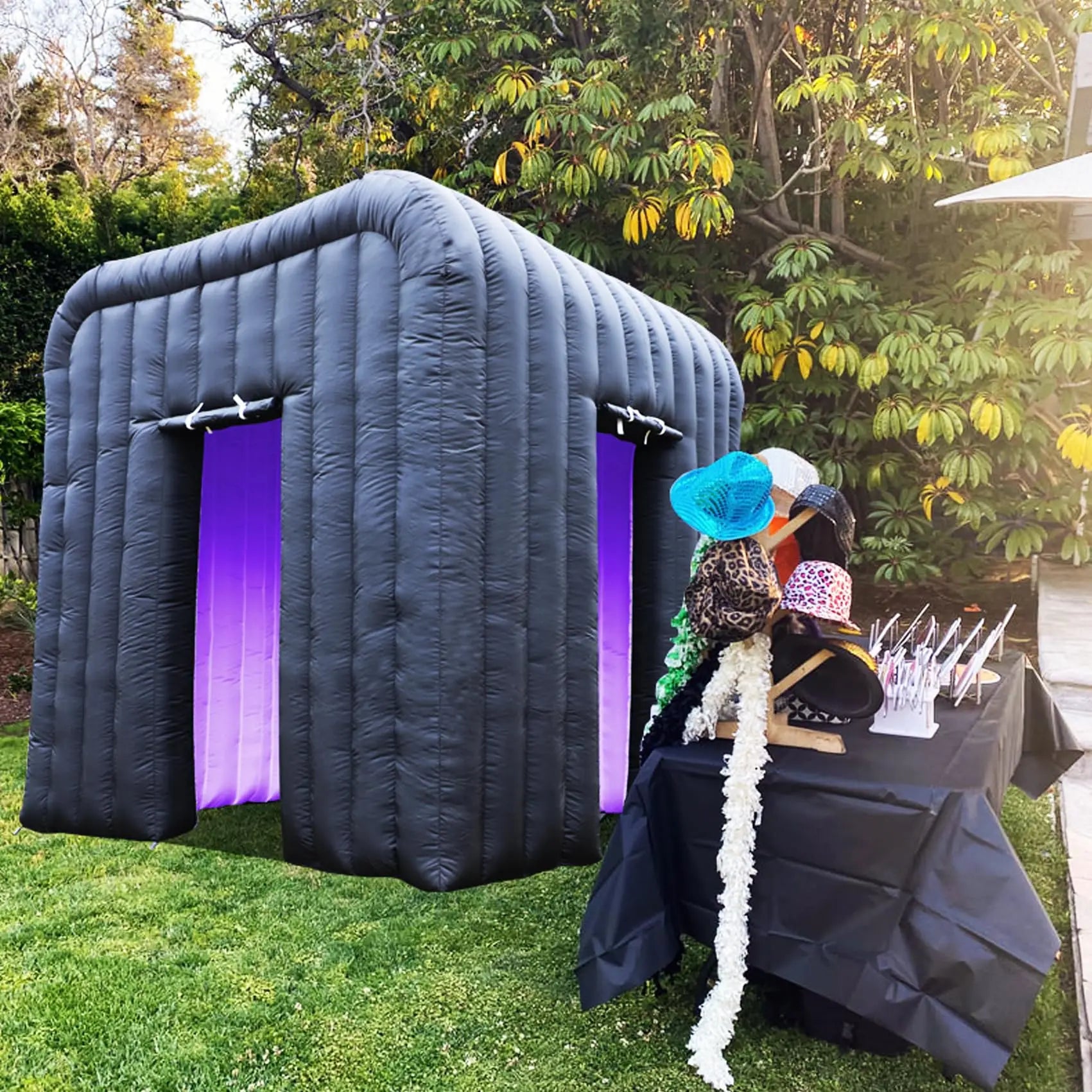 Inflatable LED Photo Booth with Air Blower – Black Two-Door Design 9.2x9.2x9.2ft for Weddings & Events