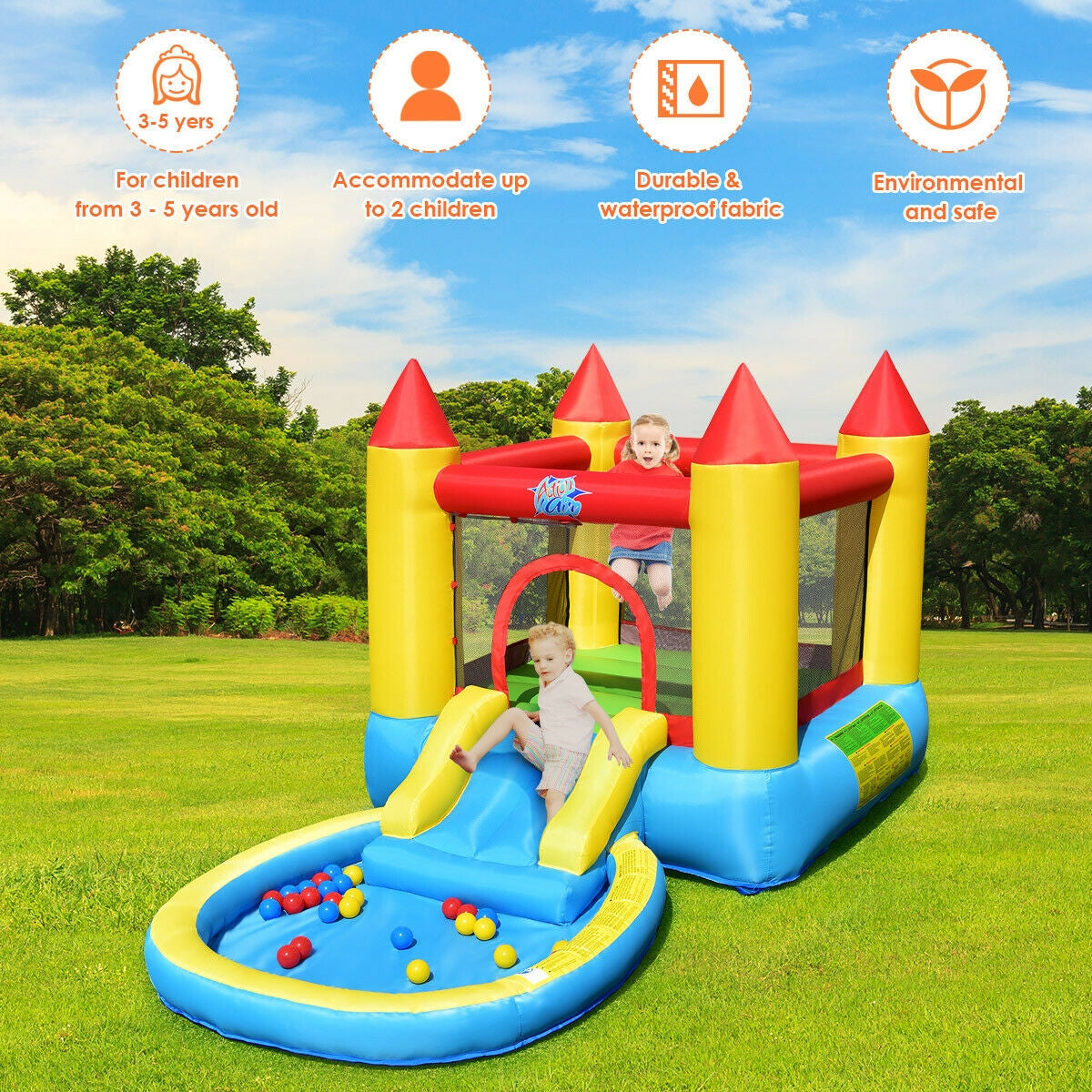 Inflatable bounce house with slide and ball pit for kids outdoors, colorful and durable