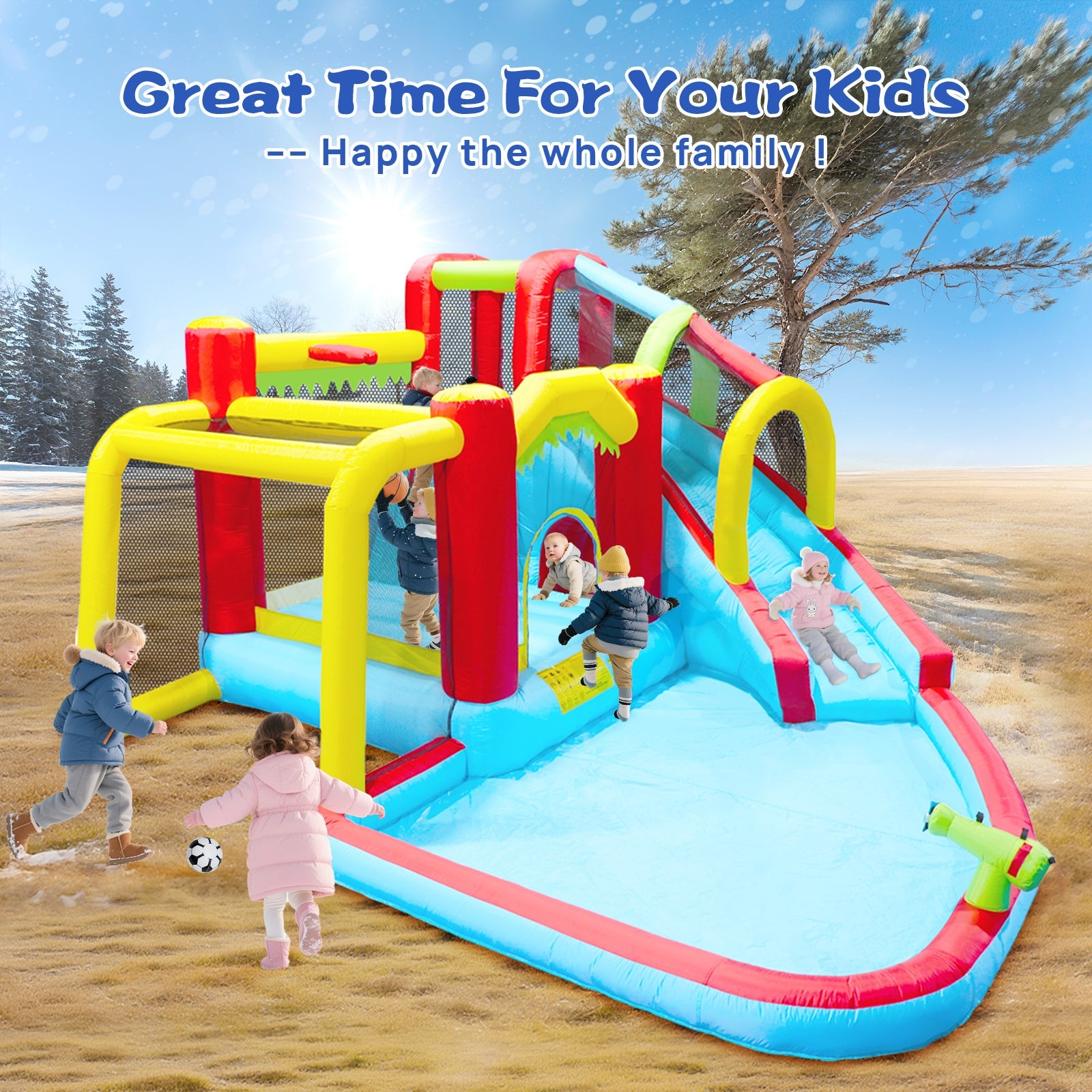 7 in1 Inflatable slide water park bouncing house outdoor Soccer garden bouncer with Splash pool & Water gun & Climbing wall & Basketball & Football
