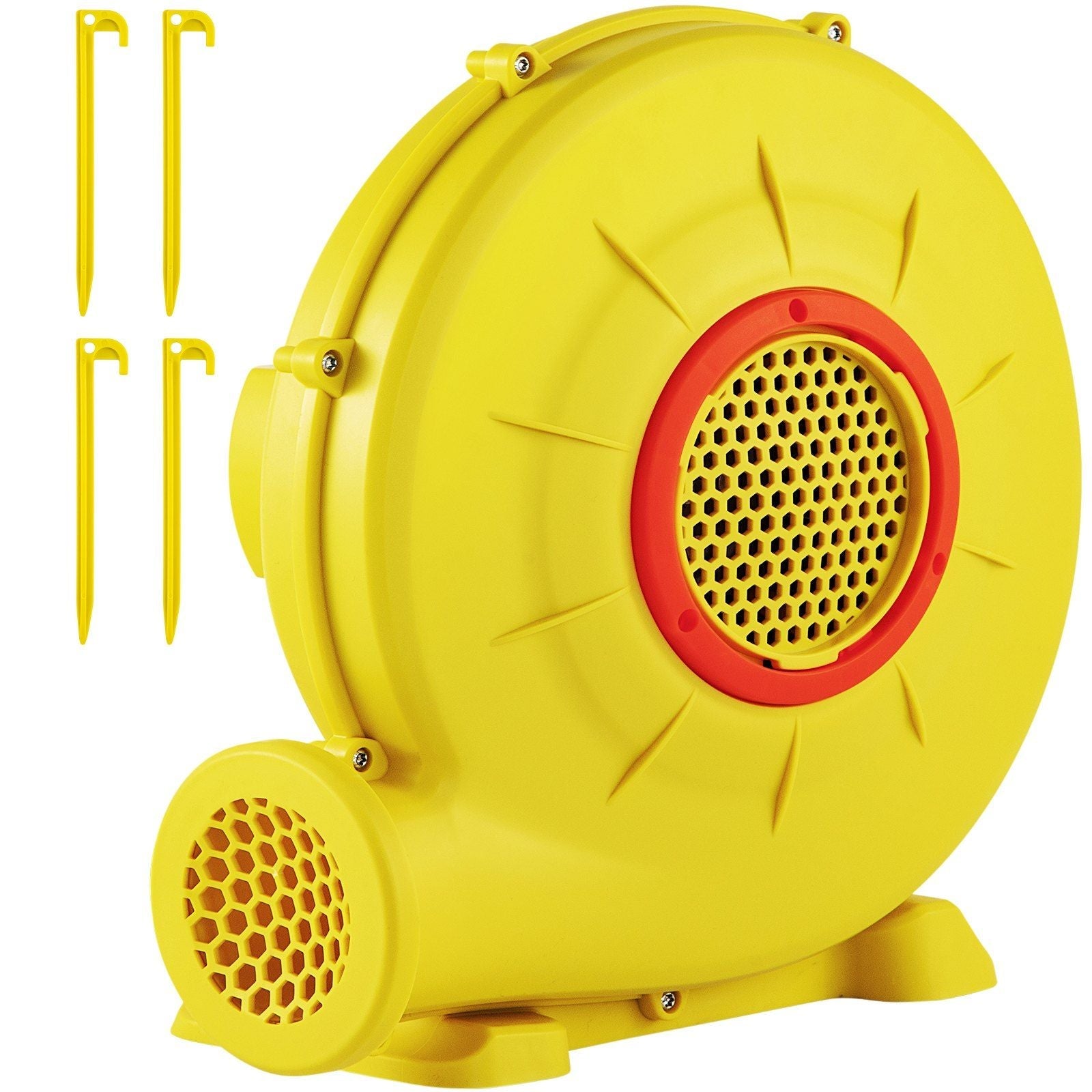 Yellow inflatable blower for bounce houses with four yellow ground stakes
