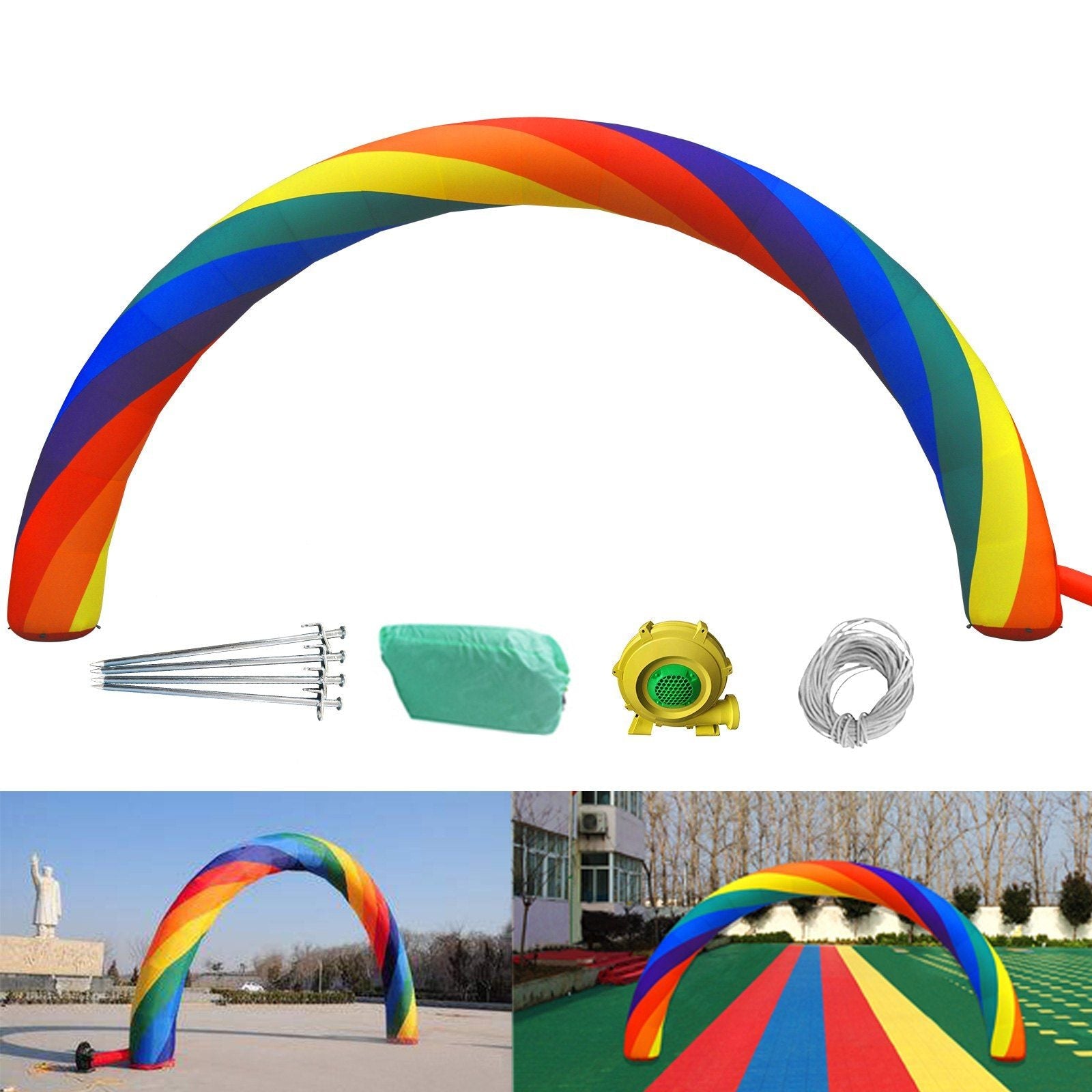 Inflatable rainbow arch with setup accessories, shown outdoors for events and parties