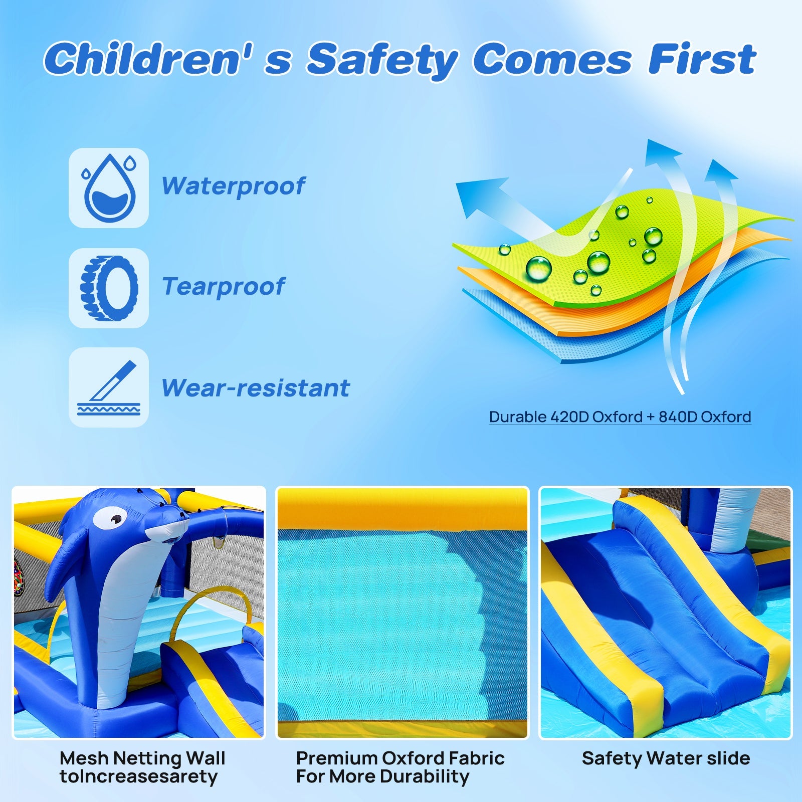 8 in1 Inflatable slide water park trampoline bouncing house outdoor garden with Dolphin sprinkler & Target games & Water gun & Basketball