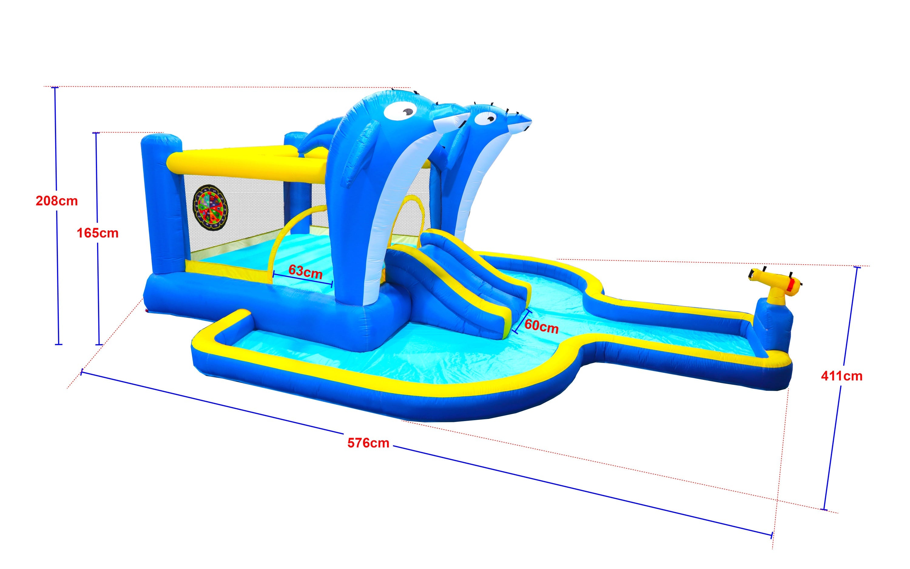 8 in1 Inflatable slide water park trampoline bouncing house outdoor garden with Dolphin sprinkler & Target games & Water gun & Basketball