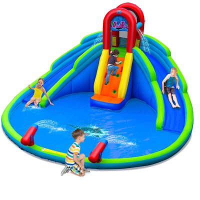 Kids playing on a colorful inflatable water slide bounce house with splash pool