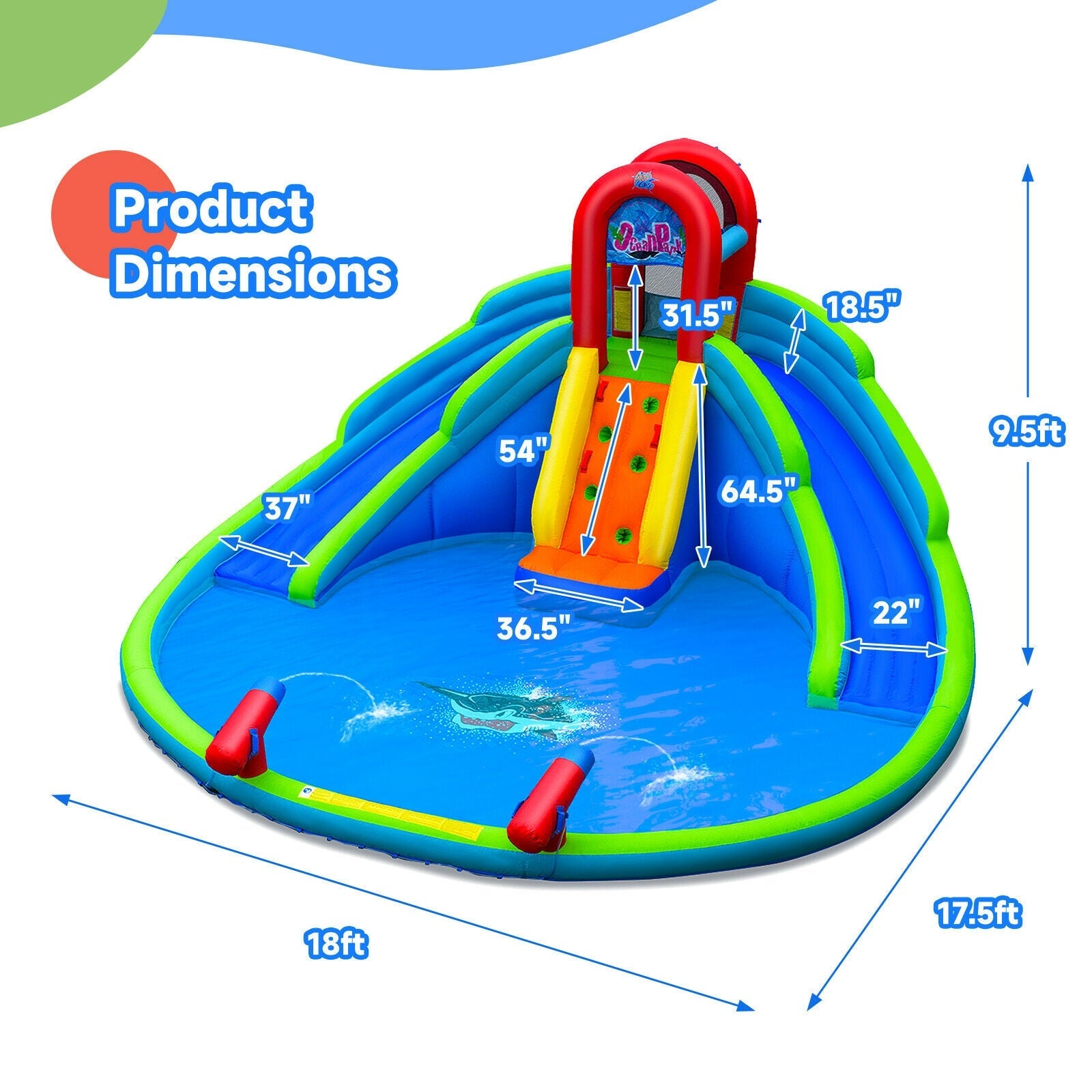 Inflatable water slide and splash pool combo with vibrant colors and dimensions labeled.