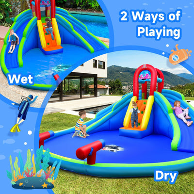 Inflatable bounce house and water slide for kids, wet and dry play options, colorful outdoor toy