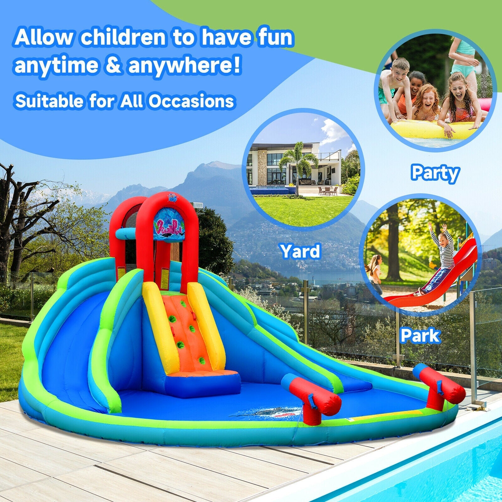 Colorful inflatable water slide and bounce house combo set up by a pool, ideal for kids' yard parties.
