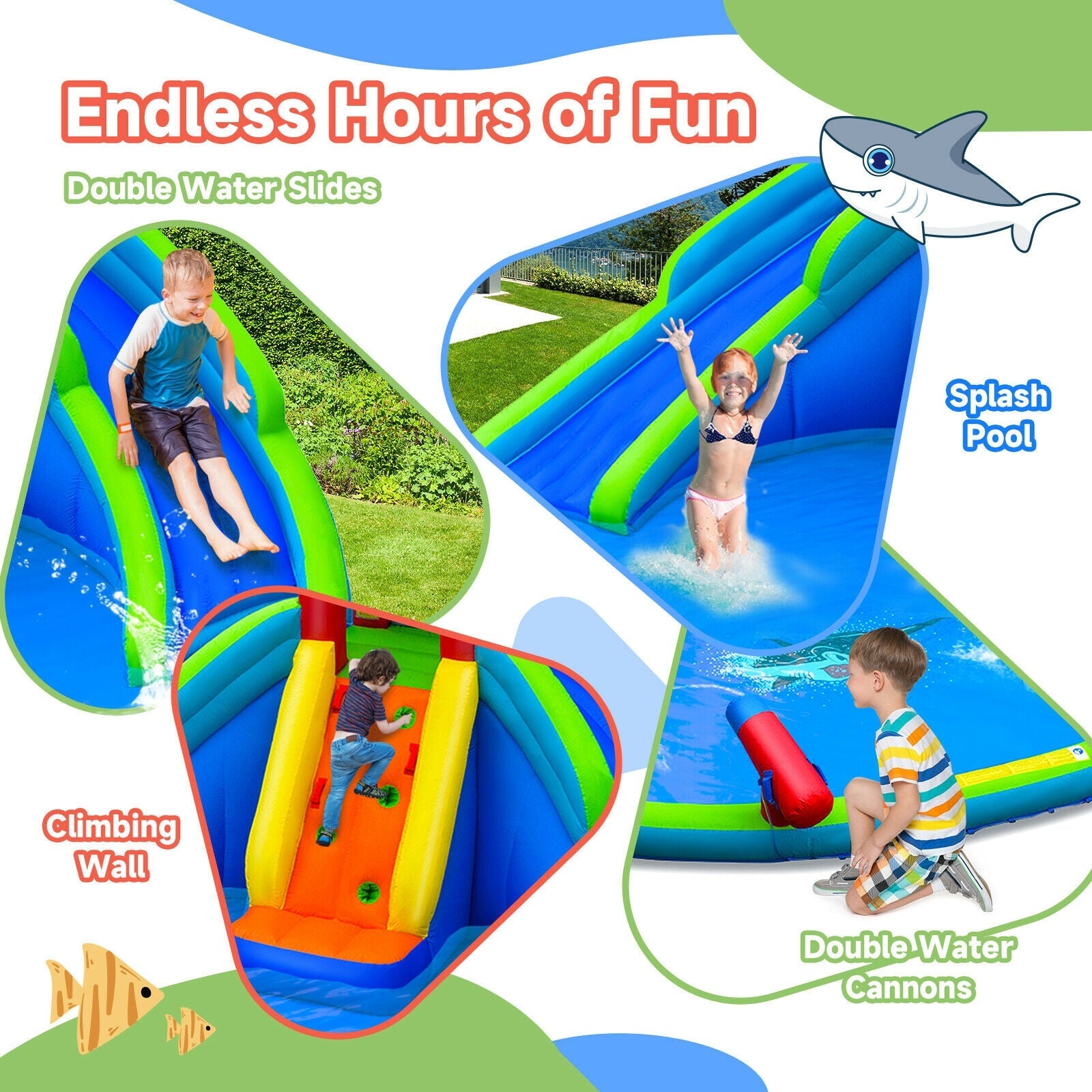 Kids playing on inflatable bounce house with double water slides, splash pool, climbing wall, and water cannons.