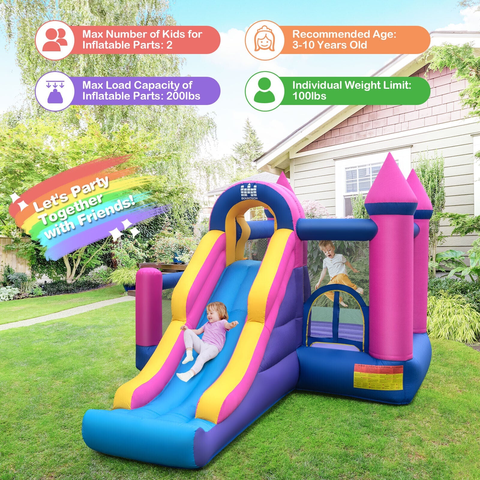 7-in-1 Kids Inflatable Bounce House with Long Slide and 735W Blower ...