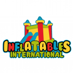 Cartoon inflatable bounce house with slides and colorful text logo
