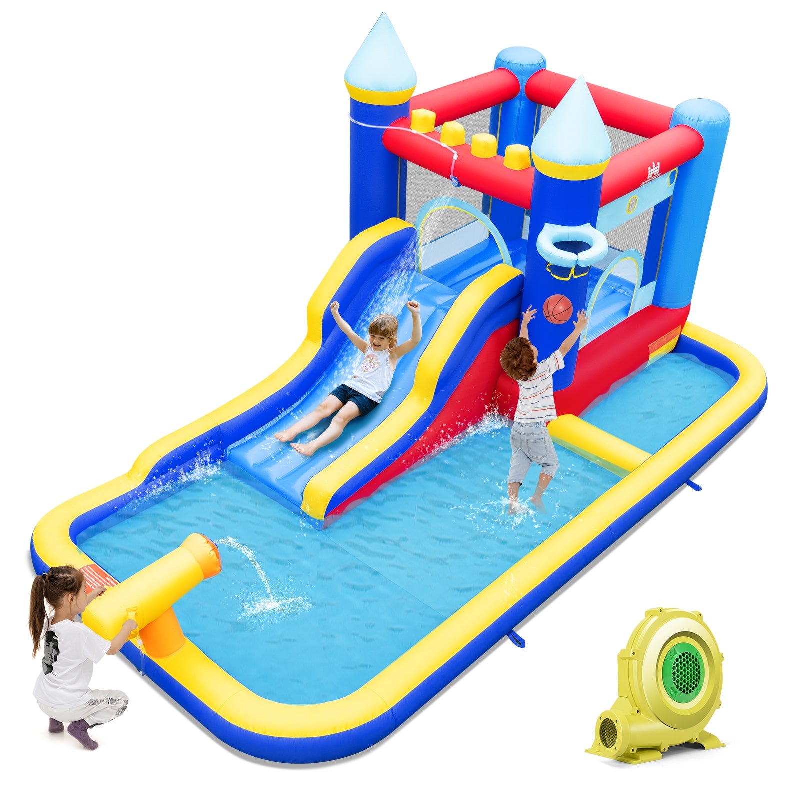 Kids playing on inflatable water slide bounce house with pool and blower, colorful design