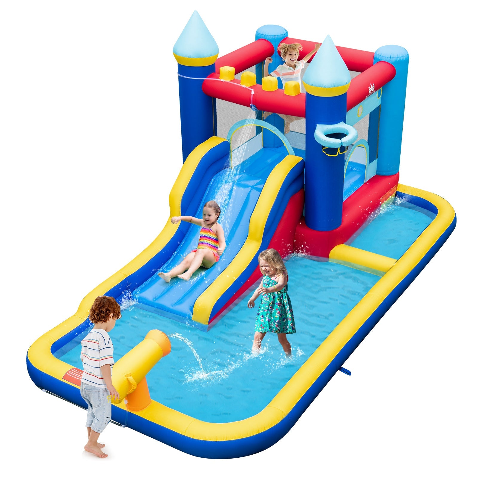 Kids playing on inflatable water slide bounce house with splash pool and blower