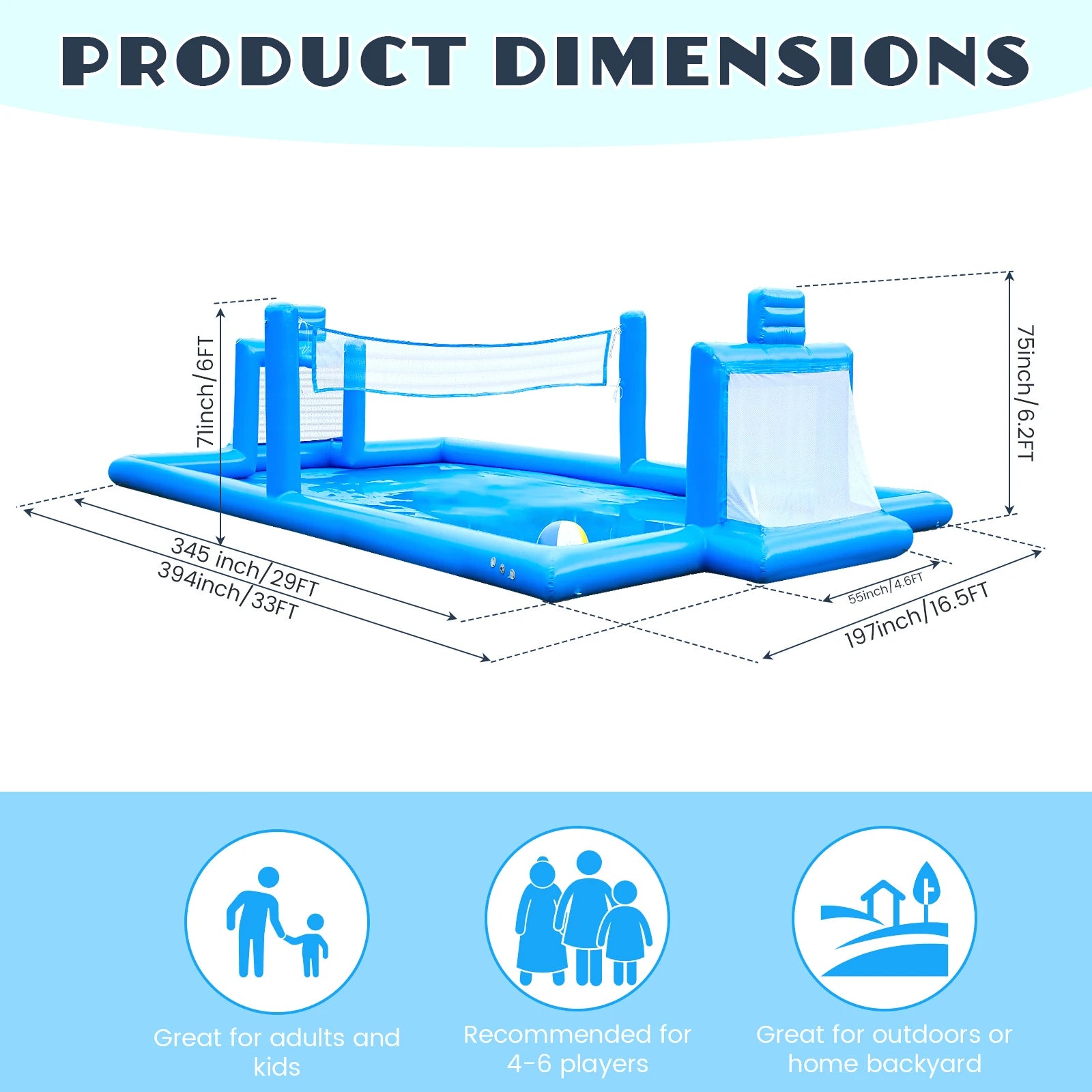 33FT Inflatable Sports Court – Volleyball, Soccer & Basketball
