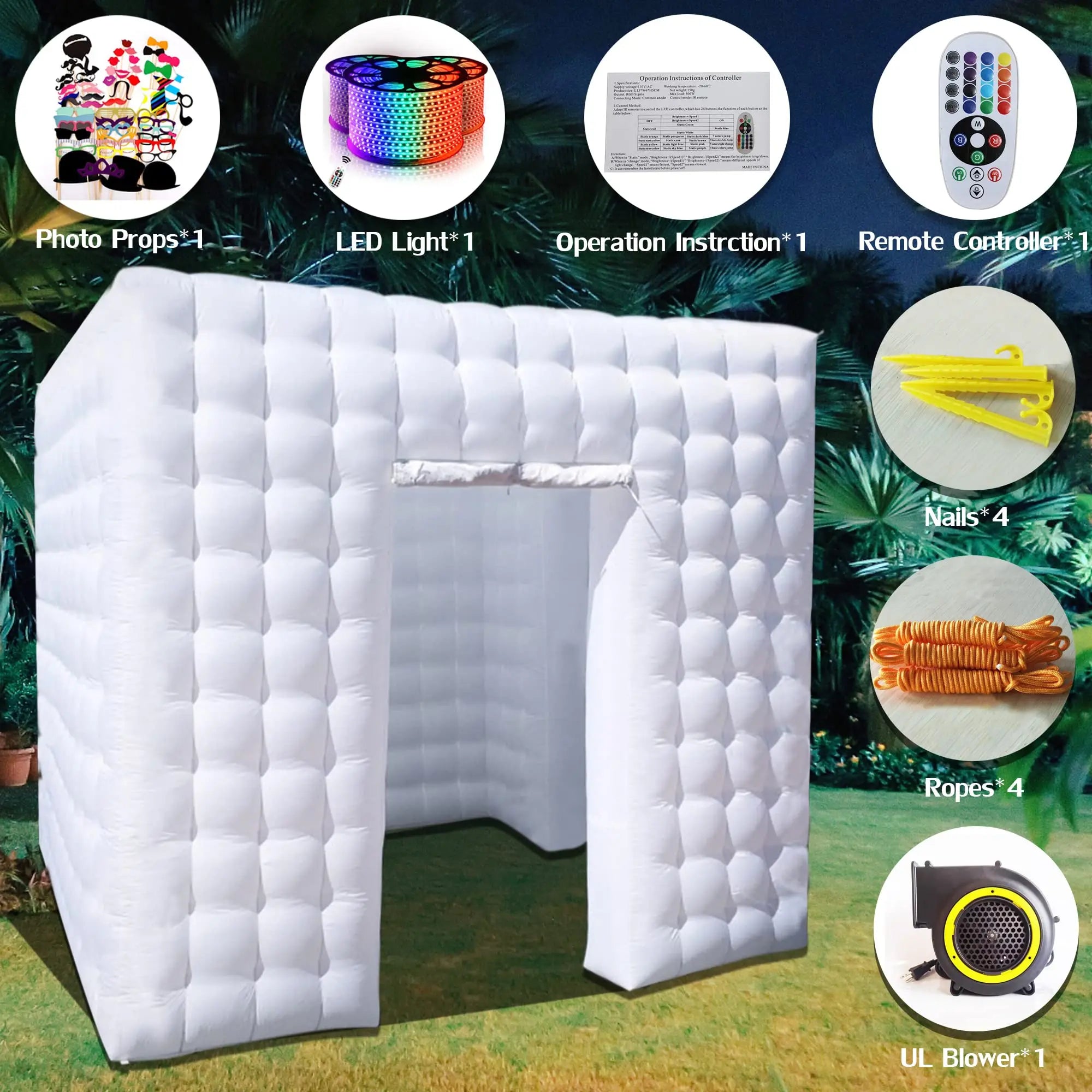 Inflatable Photo Booth – White Two-Door Pop-Up Studio, 8.2x8.2x8.2ft with Air Blower
