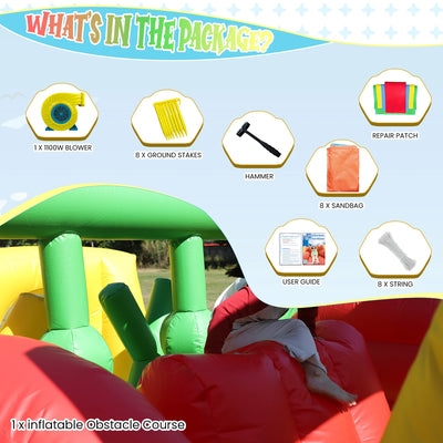 Inflatable Bounce House with 1100W Blower – Colorful Outdoor Play Castle Featuring Dual Crawl Tunnels, Large Slide, Climbing Obs