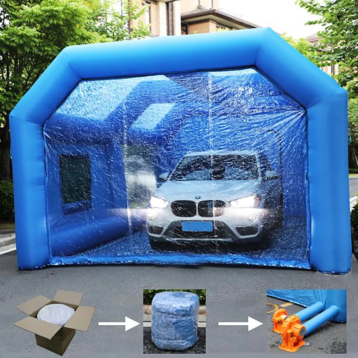 Inflatable Paint Booth Blue 28x15x13FT – Portable Spray Booth Tent with 950W+250W Blowers & Air Filter