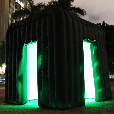Inflatable LED Photo Booth with Air Blower – Black Two-Door Design 9.2x9.2x9.2ft for Weddings & Events