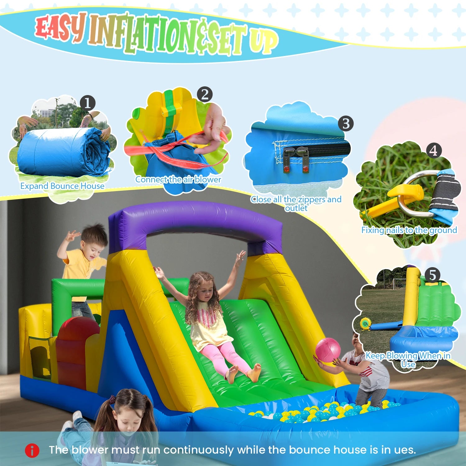 Inflatable Bounce House with 1100W Blower – Colorful Outdoor Play Castle Featuring Dual Crawl Tunnels, Large Slide, Climbing Obs