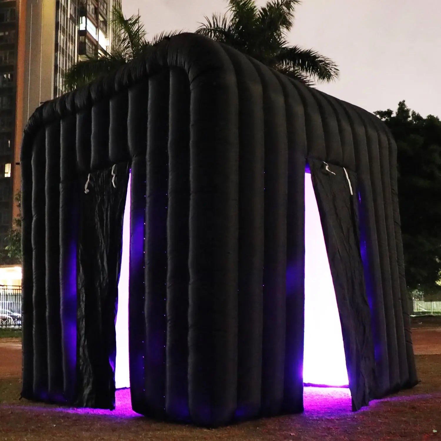 Inflatable LED Photo Booth with Air Blower – Black Two-Door Design 9.2x9.2x9.2ft for Weddings & Events