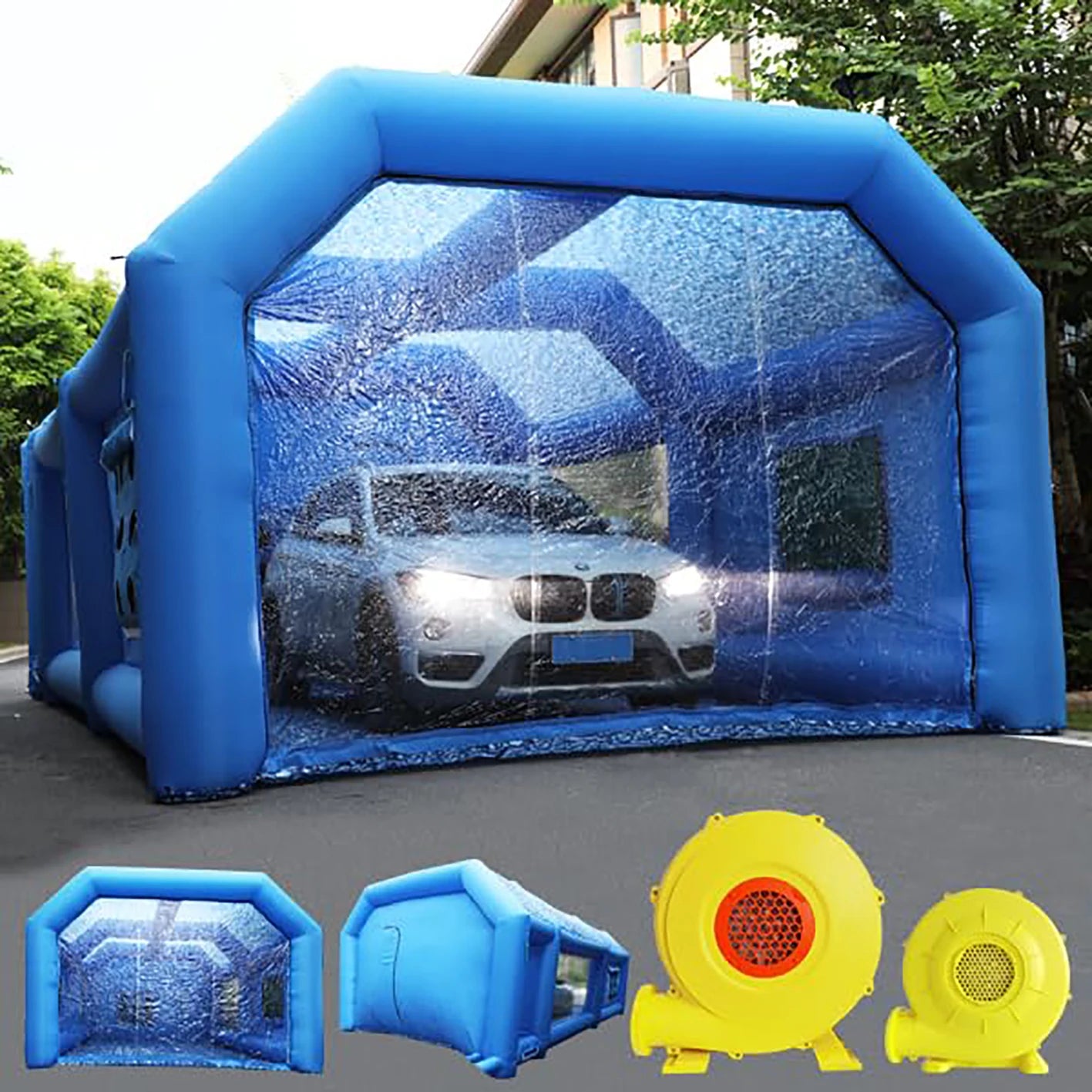 Inflatable Paint Booth Blue 28x15x13FT – Portable Spray Booth Tent with 950W+250W Blowers & Air Filter