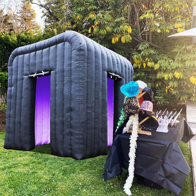 Inflatable LED Photo Booth with Air Blower – Black Two-Door Design 9.2x9.2x9.2ft for Weddings & Events