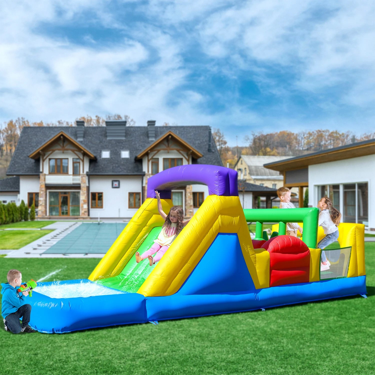 Inflatable Bounce House with 1100W Blower – Colorful Outdoor Play Castle Featuring Dual Crawl Tunnels, Large Slide, Climbing Obs
