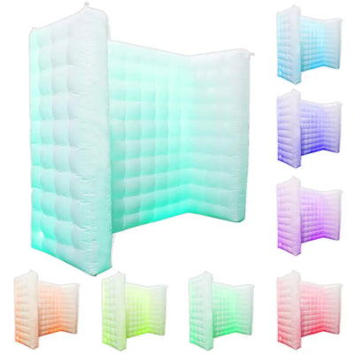 white Inflatable Photo Booth Wall - 8.2x8.2x3.5ft Portable Backdrop with Built-In Fan & LED Lighting"
