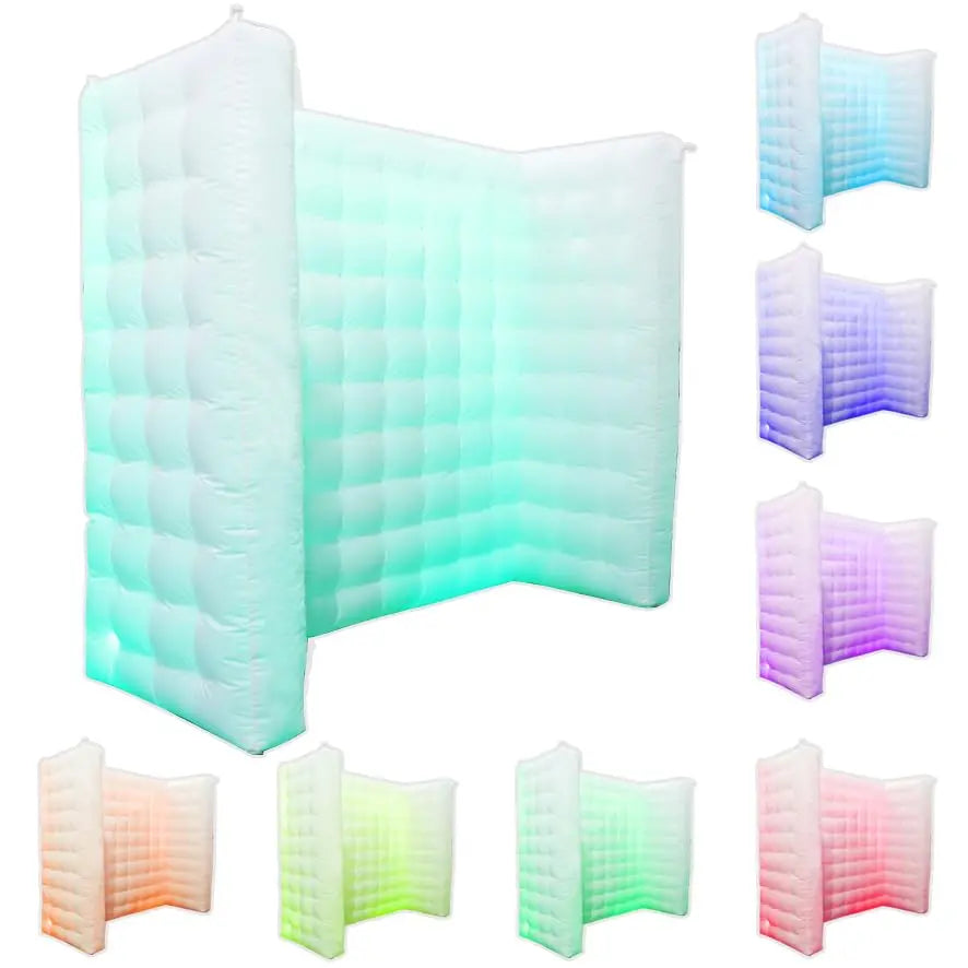 white Inflatable Photo Booth Wall - 8.2x8.2x3.5ft Portable Backdrop with Built-In Fan & LED Lighting"