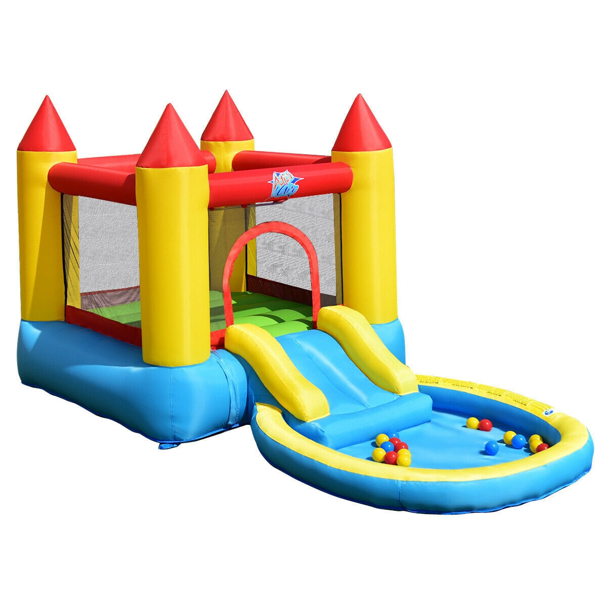Colorful inflatable bounce house with slide and ball pit, ideal for kids' outdoor play.