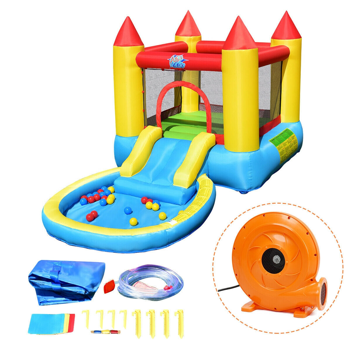 Inflatable bounce house castle with pool, slide, colorful balls, and included air blower