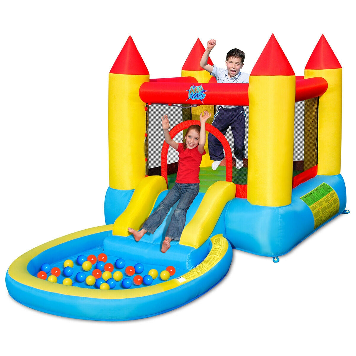 Kids playing on colorful inflatable bounce house with slide and ball pit