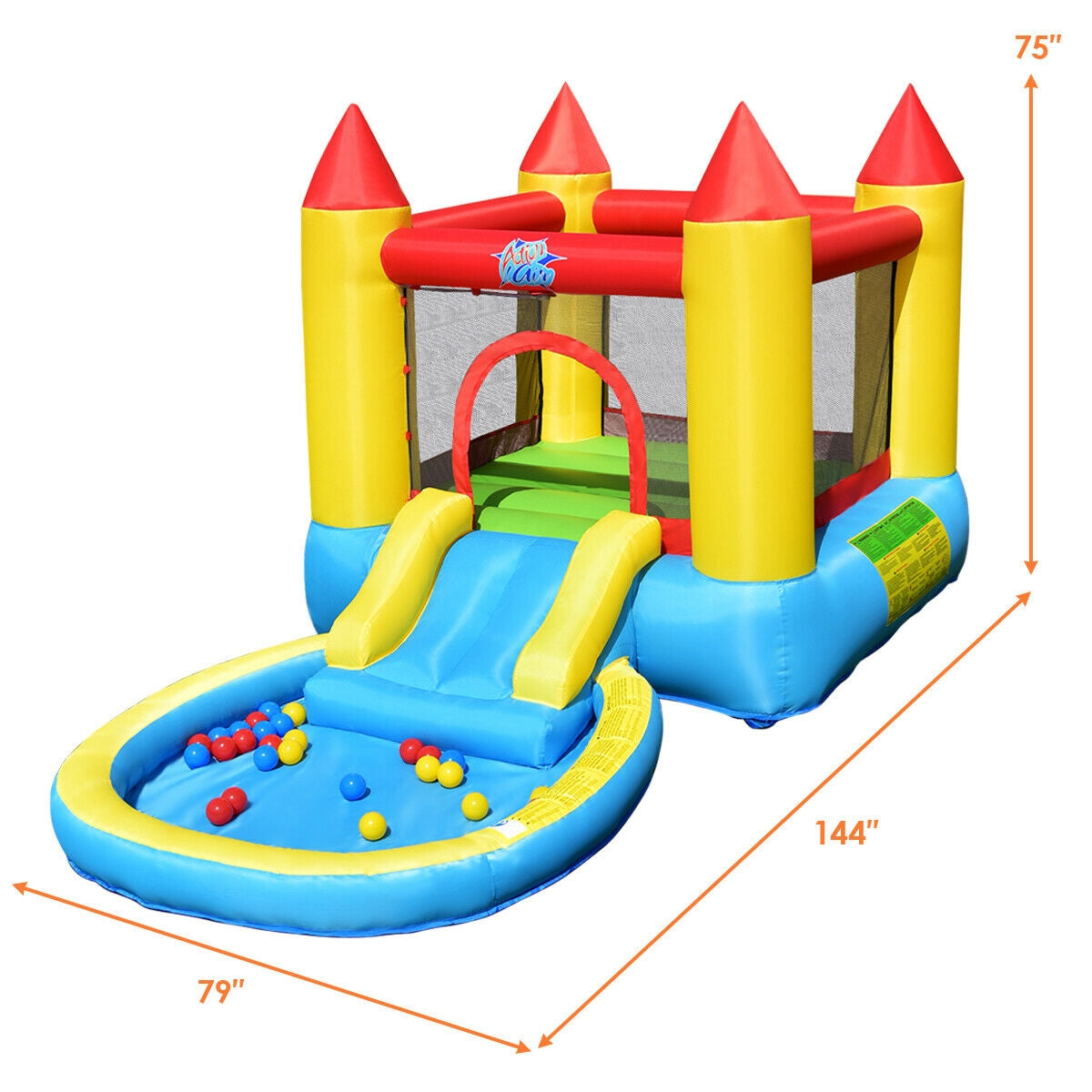 Colorful inflatable bounce house with slide and ball pit for kids, castle design, size shown