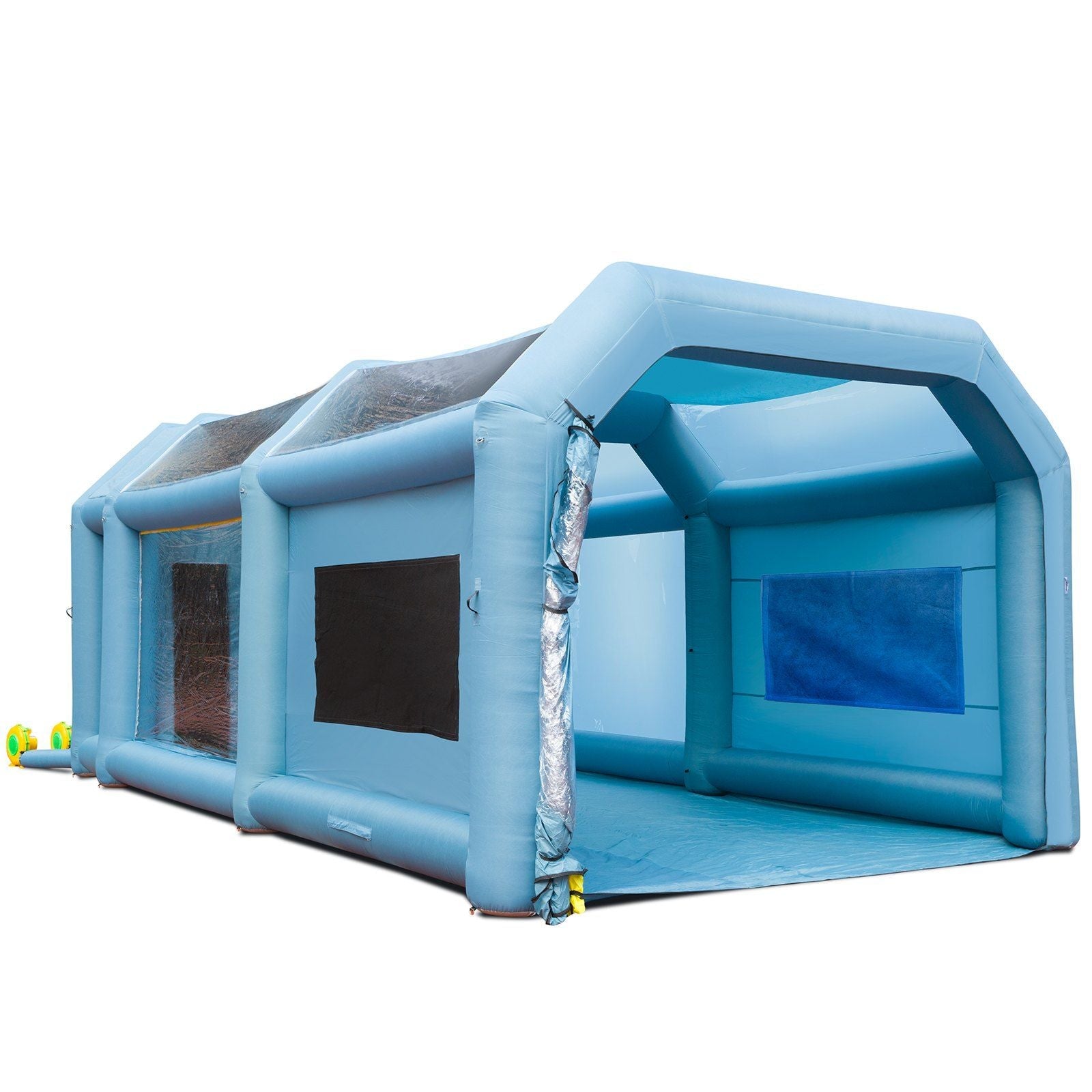 Large blue inflatable tent with clear roof panels and mesh windows for outdoor events