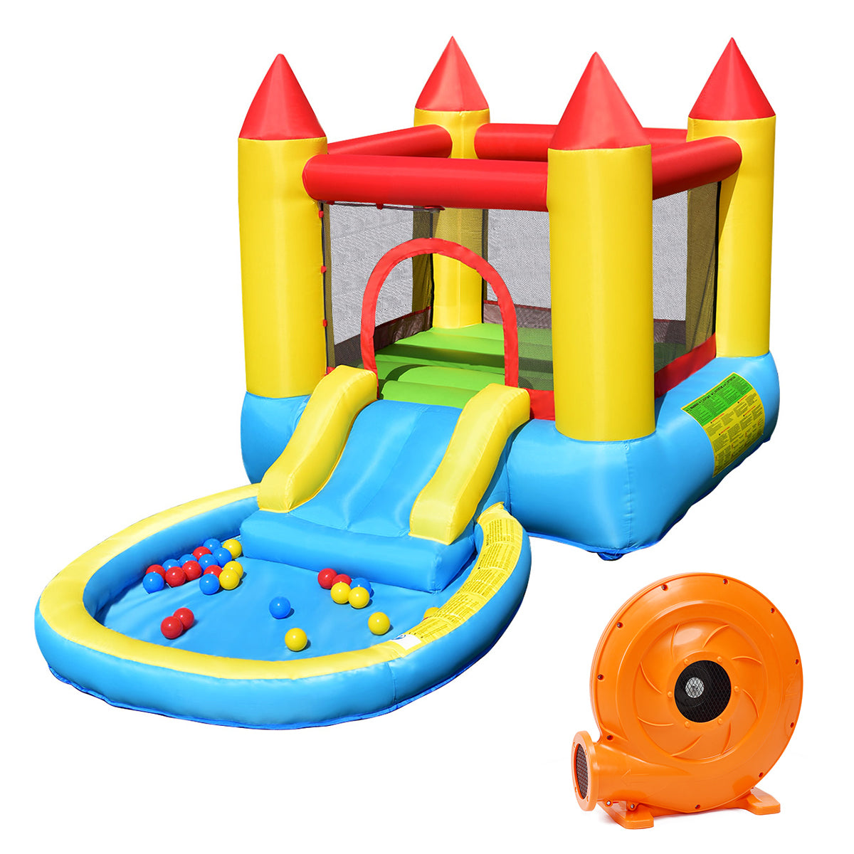 Colorful inflatable bounce house with slide, ball pit, and included air blower