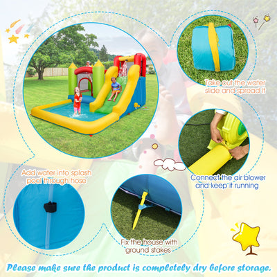 Outdoor inflatable bounce house with water slide, splash pool, blower, and ground stakes on grass.