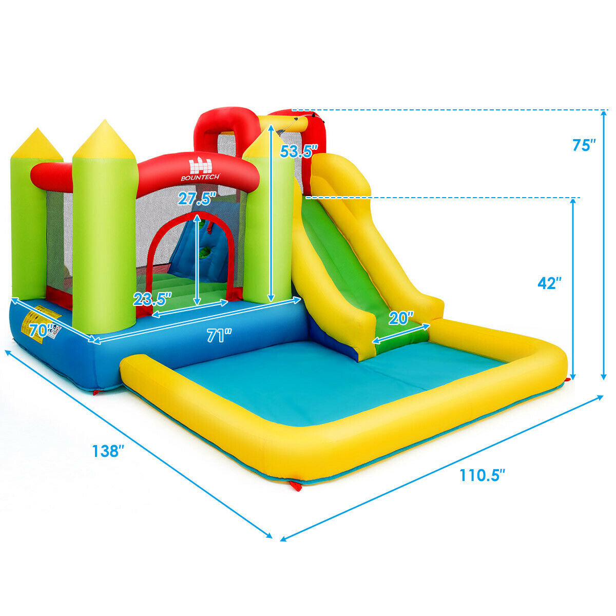 Colorful inflatable bounce house with slide and pool, labeled with dimensions for kids
