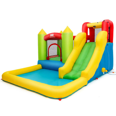 Colorful inflatable bounce house with slide and splash pool for kids